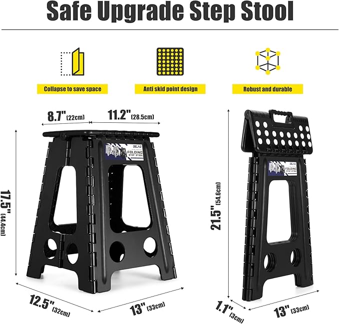 Delxo 17.5 Inch Folding Step Stool, Heavy Duty Foldable Stool for Adults,Premium Portable Collapsible Plastic Step Stool,Non Slip Folding Stools for Kitchen Bathroom Bedroom Up to 400LBS,(Black 1PC)