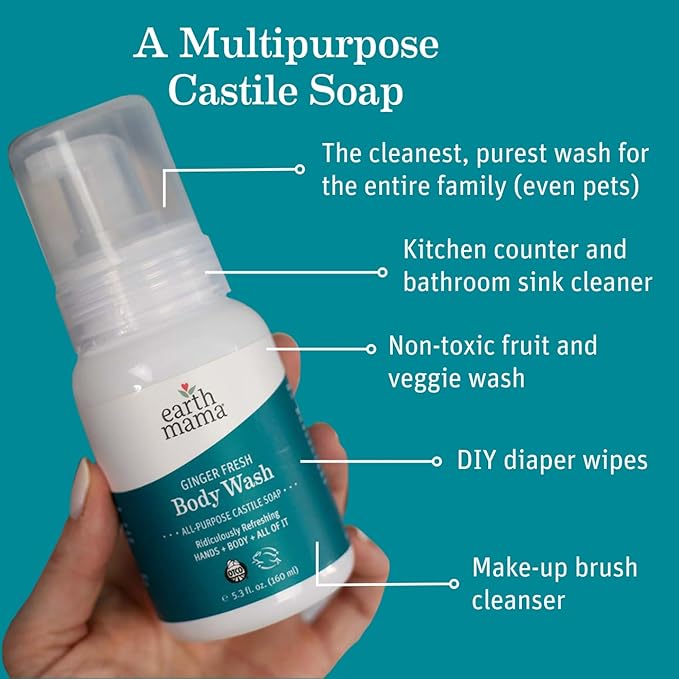 Earth Mama Ginger Fresh Foaming Hand Soap and All Purpose Body Wash for Sensitive Skin, Liquid Castile Soap with Organic Coconut Oil 5.3 fl