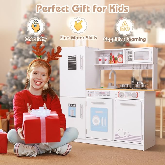 Costzon Play Kitchen for Kids, Wooden Toy Kitchen Set with Blackboard, Faucet, Sink, Oven, Microwave, Dishwasher, Accessories, Pretend Cooking Toy for Toddlers, Kids Kitchen Playset, Gift for Ages 3+