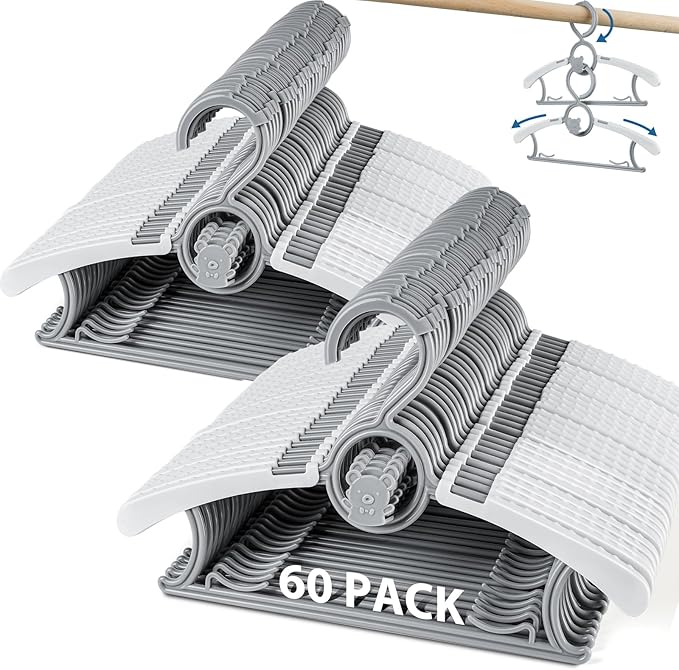 Baby Hangers 60 Pack Kids Hangers-Extendable Adjustable Non-Slip Plastic Kid Hangers for Closet,Stackable Baby Clothes Hangers for Toddler Kids Children Infant Teen,Grey Bear Toddler Hangers