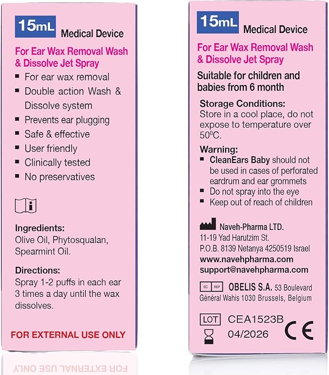 NAVEH PHARMA CleanEars Baby | Ear Wax Removal Kit Spray Ear Wax Softener Cleaner Ear Irrigation and Wax Dissolution 0.5 Fl