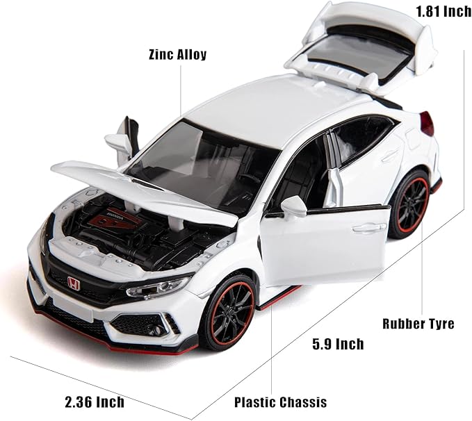 Compatible for 1:32 Diecasting Alloy Honda Civic Type-R Car Model Toy Car,Pull Back Alloy Car with Lights and Sound, Open Door for Kids Gift 3-5,Children‘s Gift