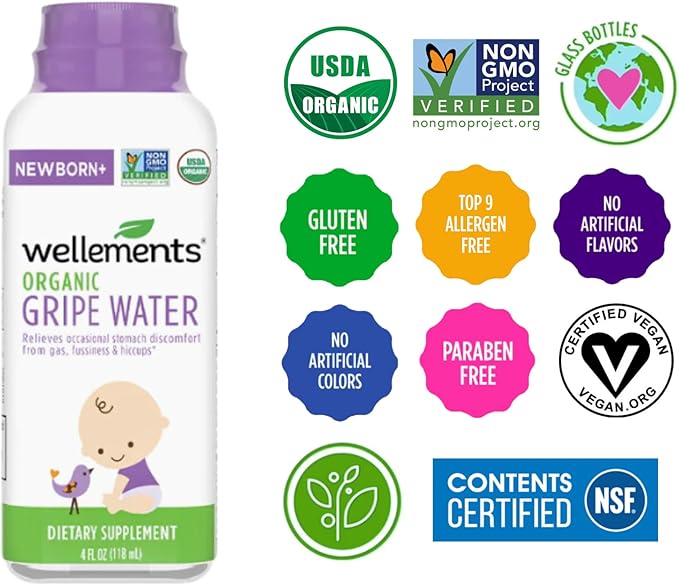Wellements Organic Gripe Water | Relieves Occasional Stomach Discomfort from Baby Gas, Colic 4 Fl