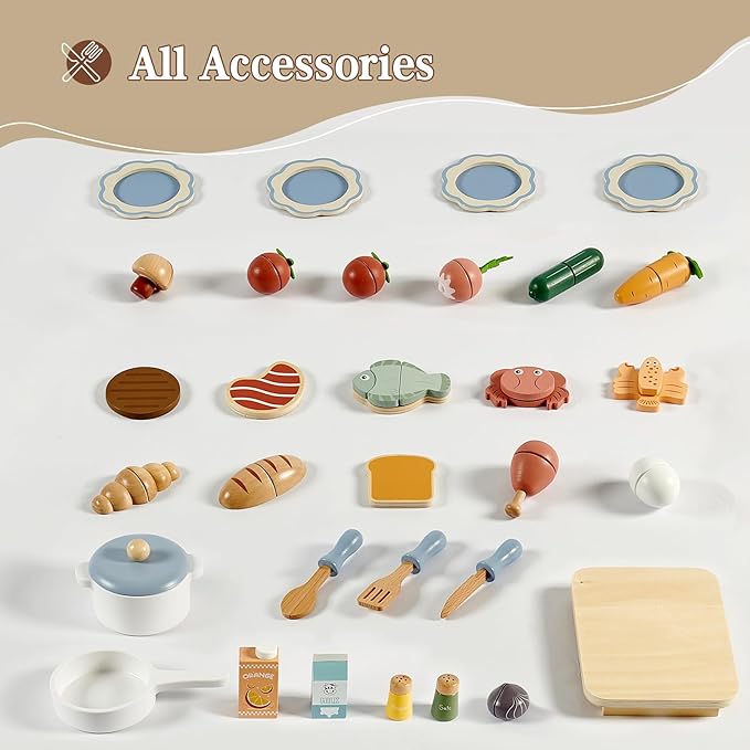 Wooden Kitchen Playset for Kids, Toddler Play Kitchen with 32Pcs Accessories Cutting Food Set, Stove & Water Sink, Pretend Play Toy for Kids Ages 3+
