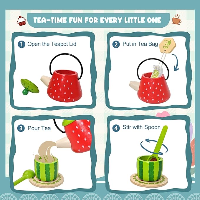 Wooden Tea Party Set for Little Girls with Handbag, Pretend Play Food Toys Kitchen Accessories Playset for Kids Toddlers 2 3 4 5