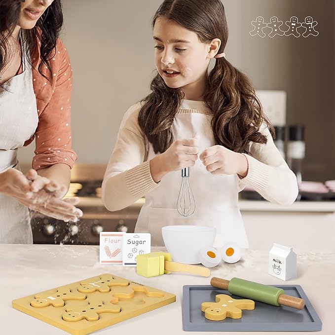 Wooden Toy Biscuits Baking Set,Pretend Play Food Sets for Kids Kitchen,Wooden Gingerbread Cookies Play Food Set,Play Kitchen Accessories for Toddlers Boys Girls Ages 3+