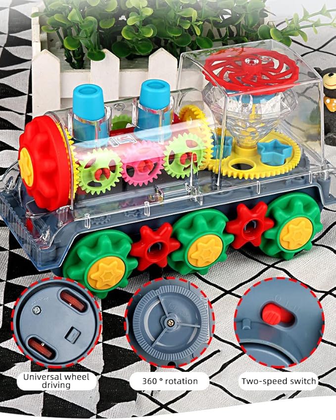 Nenekal Electric Transparent Gear Train Toy with Flashing Lights and Music, 360 Rotation 3+