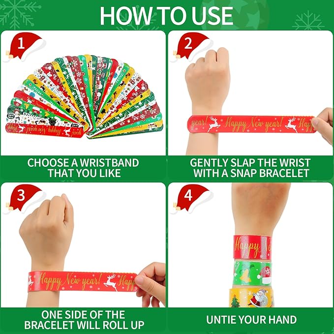 96 PCS Christmas Party Favors for Kids Bulk,Treats Bags Slap Bracelets Holiday Slap Bracelet Trinkets for kids School Classroom Students ,Goody Goodies Bag Stocking Stuffers Gifts Toys Xmas Gift