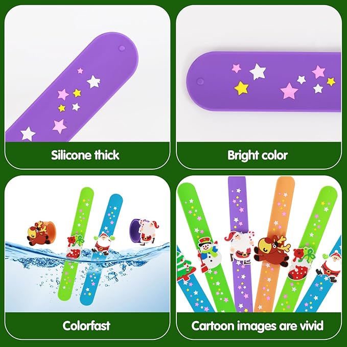Welkin 6PCS Christmas Slap Bracelets For Kids,Colorful Silicone Bracelet, Soft and Safe Slap Bracelets Party Decorations Favors,Kids Christmas Party Gift