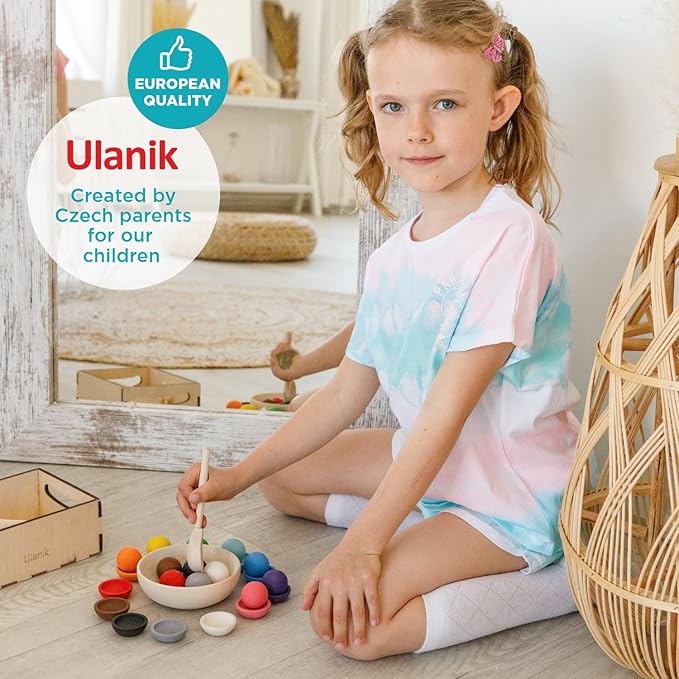 Ulanik Balls on Plates Toddler Montessori Toys for 1+ Year Old Kids Wooden Matching Game for Learning Color Sorting and Counting β 12 Balls, 1.18 in
