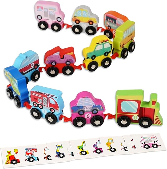 HOMEE Wooden Transportation Train Set for Toddler,11 Pieces Train Toys with Puzzles 0-10 for 3 4 5 Year