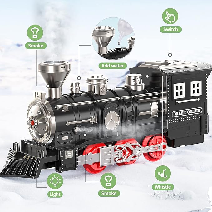 TEMI Large Train Set - Kids Electric Train Toy with 3 Way Smoke Locomotive, Light and Sounds