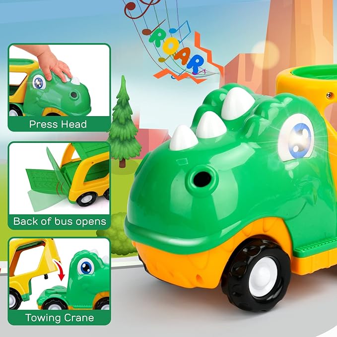 TOY Life Toddler Car Toy for 1+ Year Old, Dinosaur Transport Carrier Truck with 4 Pull Back Dinosaur Cars Dino Figures 1 2 3 4 5+, Christmas 18M+ Boys
