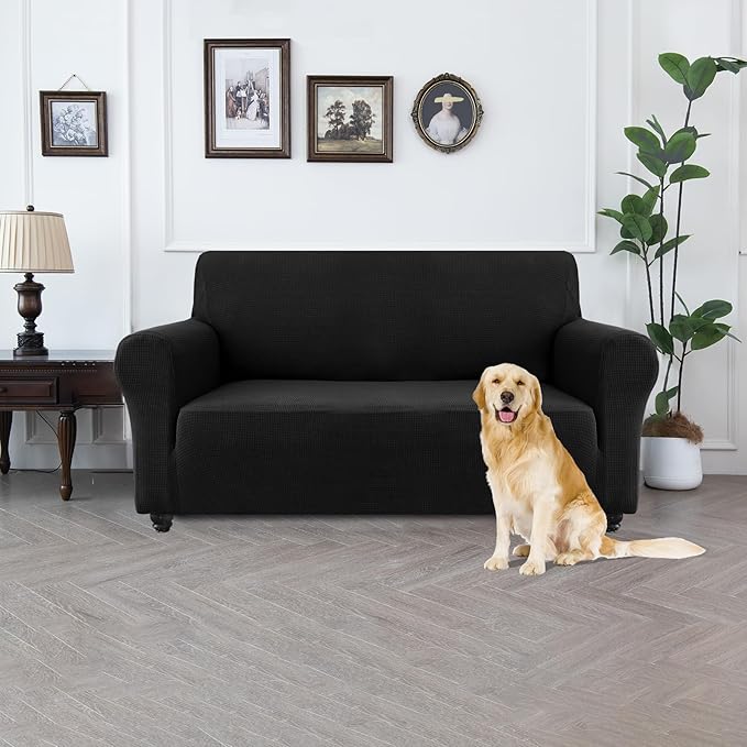 100% Waterproof Jacquard Fabric Couch Cover, Dual Layer with TPU Film, Leakproof High Elasticity Non-Slip Washable Furniture Protector for Pets, Dogs, Cats and Kids (Loveseat,Black)