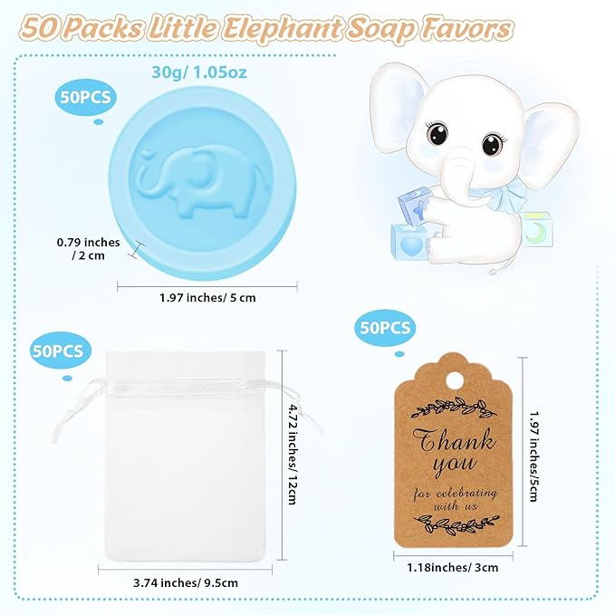 Roowest 50 Packs Mini Elephant Soap Baby Shower Favors 50 Bags 50 Thanks