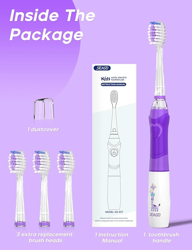 SEAGO Kids Electric Toothbrush with 2 Mins Brushing Timer and 4 Replacement Bursh Heads,Rainbow LED Light Make Brushing Fun, Purple Color Girls Battery Powerd Toothbrush for 4-12 Years Old,SG-977