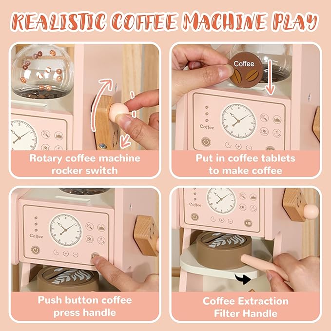 Wooden Kitchen Playset for Kids Ages 3-8, Pretend Play Kitchen for Toddlers with Realistic Design, Cooking Accessories, Coffee Maker, Oven, Microwave, Sink - Large