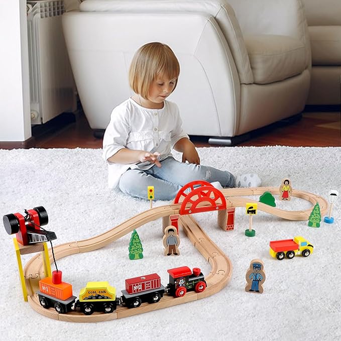 Qilay Wooden Train Set for Toddler - 39 Pcs Wooden Train Tracks with Crane, Bridge & 5 Wooden Trains 3,4,5 Year