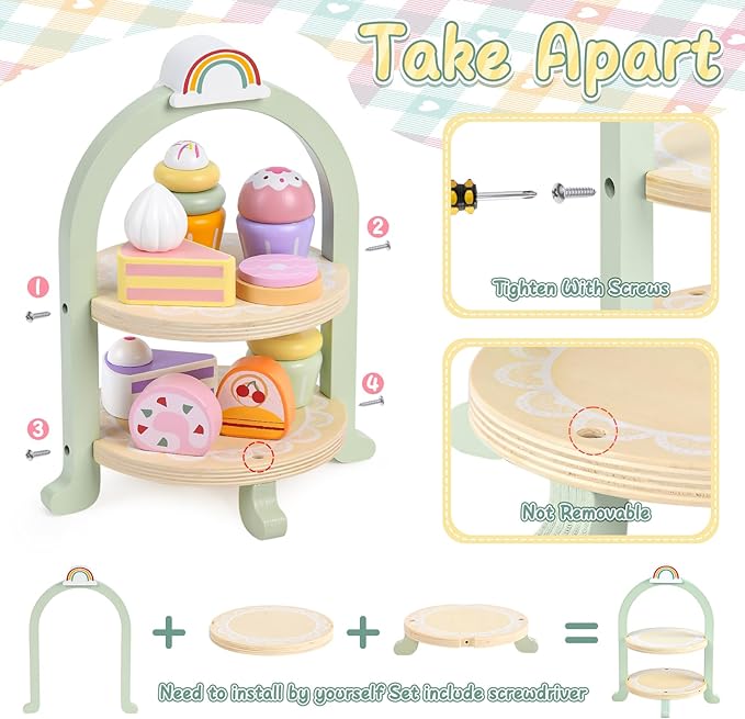 Wooden Tea Party Set for Little Girls Toddler Tea Set with Cupcake Stand & Food Dessert, Play Kitchen Accessories for Toddlers 2 3 4 5 6 Years Old, Wooden Toys Birthday Kids Girls Gifts 3-6