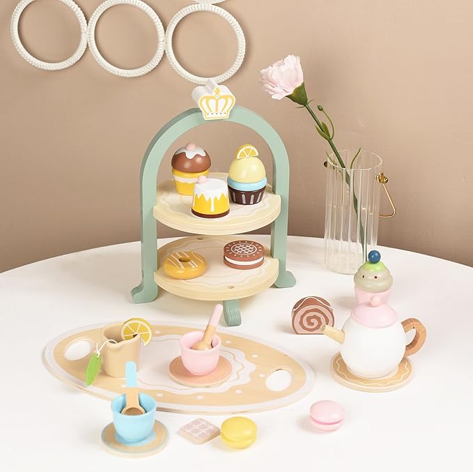 Wooden Tea Party Set for Little Girls Kids with Cupcake Stand & Dessert Food Pretend Play Afternoon Tea Toys Wood Kitchen Toy for 3 4 5 6 Year Old Toddlers Boys Birthday Gift