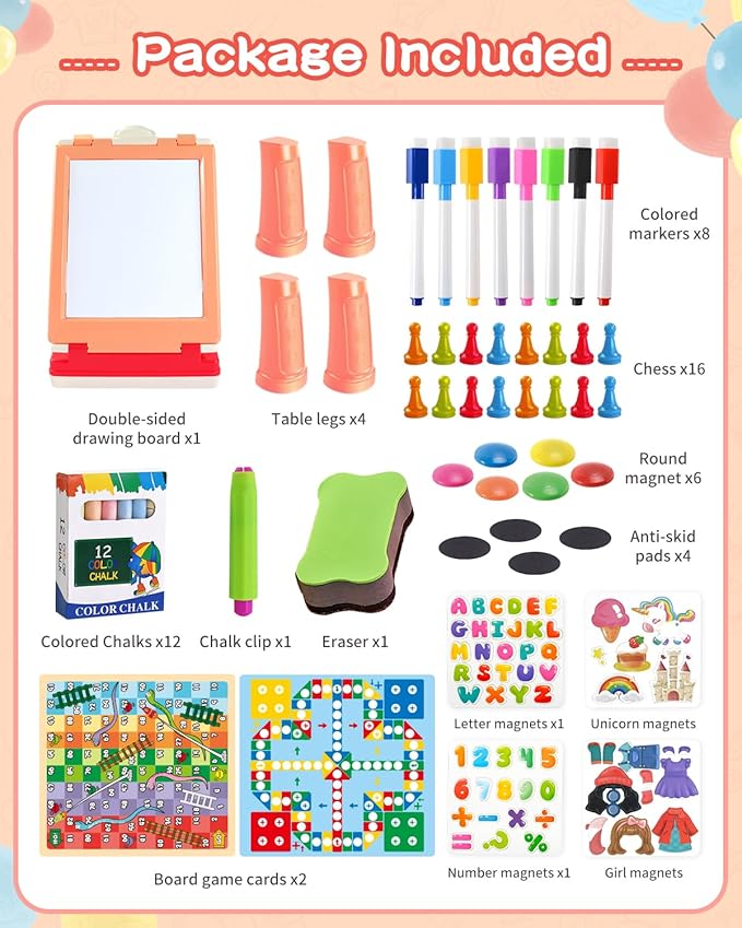 Tabletop Easel for Kids, Foldable Art Easel for Toddler,Double Sided Kids Easel with Chalkboard & Magnetic Dry Erase Board,Height Adjustable Desktop Easel, Educational Gift for Girls(Pink)