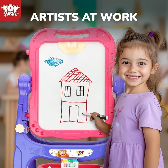 STEAM Life Art Easel for Kids, Double-Sided 4In1 Toddler Easel with Rotable Magnetic Chalkboard & White Drawing Board, Height Adjustable with Magnetic Letters & Numbers Gifts for Boys and Girls
