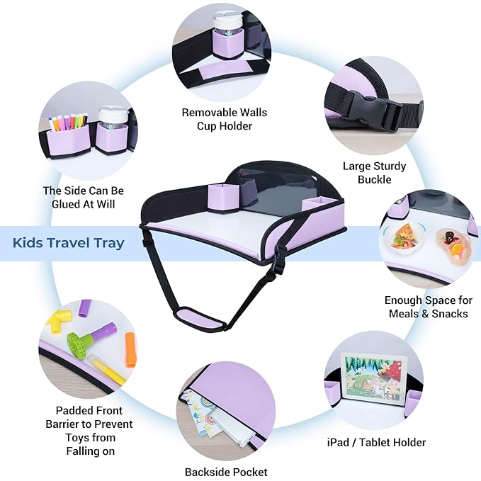 COOLBEBE Kids Travel Tray for Toddler Car Seat, Travel Tray for Airplane, Toddler Car Seat Lap Tray, Carseat Table Tray for Kids Travel Activities (Purple)