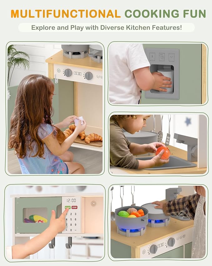 Babytronic Kids Play Kitchen, Wooden Kitchen Playset for Kids Ages 3+ with Real Lights, Sounds, Stove, Sink, Oven, and 30 Pcs Accessories, Toys Kitchen Small Pretend Play Kitchen for Toddlers (Green)