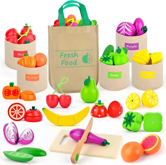Wooden Play Food Set Color Sorting Toys, Pretend Food for Play Kitchen Accessories Toddler Fruit Veggies Cutting Toy, Grocery Store Pretend Play for Kids Kitchen