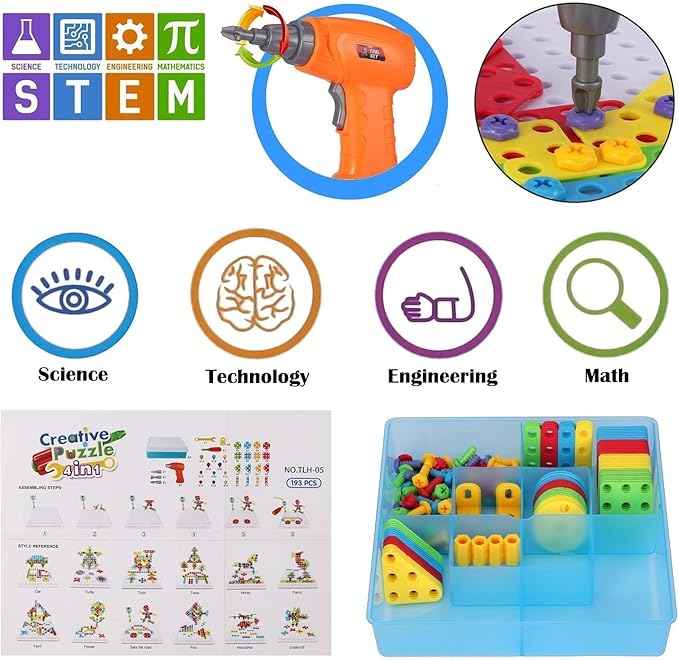 SUPSTEM Creative Toys for Kids 4-8, Mosaic Drill Set with Screwdriver Tool Playset, Electric Drill Toy with Rainbow Fasteners, Premium STEM Building Set for Ages 3+