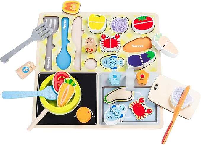 Wooden Toddler Kitchen Toy Set simulates Cooking, Chopping, stir-Frying, Food Shape Matching Games Toddler Kitchen Set for Boys and Girls Ages 3, 4, 5, 6,Gift for Kids