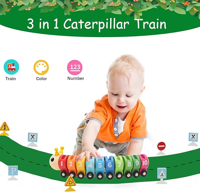 Montessori Toys for 1 2 3 Year Old, Wooden Caterpillar Number Train Set Toys with Street Signs 2-4 Year 1-3, Birthday 2 3