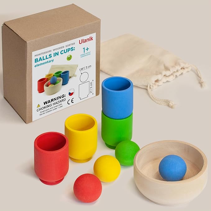 Ulanik Balls in Cups Starter Kit Toddler Montessori Toys for 1+ Year Old Kids Wooden Matching Game for Learning Color Sorting and Counting β 4 Balls, 1.18 in
