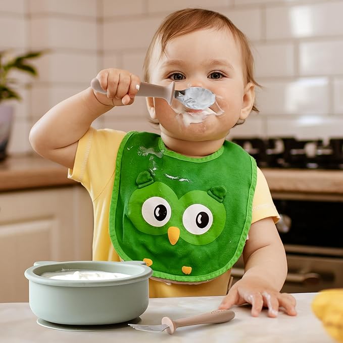 6 Pieces Toddler Utensils, Children Silverware Set with Silicone Handle, Kids Safe Spoons and Forks, Dishwasher Safe, 18/8 Stainless Steel, Food-grade Silicone,BPA Free - Tan