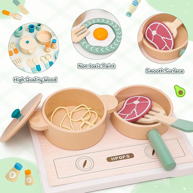 Wooden Play Cooking Set, Kids Pretend Play Kitchen Accessories Toys Set, Includes Play Plates, Pots, Bowls, Pans, Cutlery, Includes Fake Food, Gift for 3 4 5 Years Old Girls Boys for Birthday