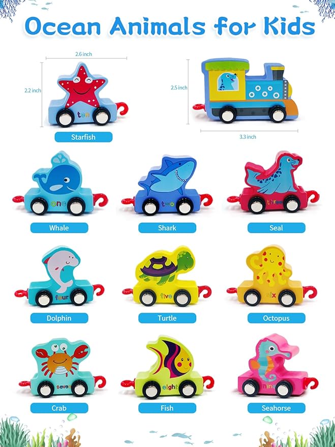 Wooden Ocean Animals Train Set Toy for 2 3 4 2-4 Boy 1-2-4.