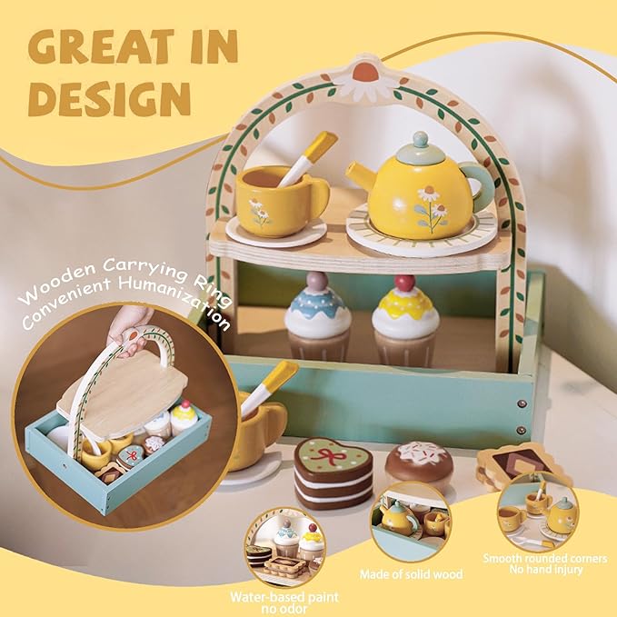 Tea Party Set,Tea Sets for Toddlers 3-5,Kids Tea Set with Dessert Cookies & Cake Stand, Non-Toxic Wooden Tea Party Set,Pretend Play Toys Toddler Tea Set for Girls Birthday Gifts