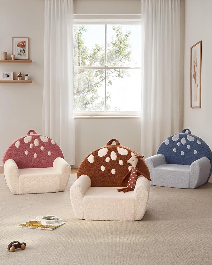 Blissful Diary Toddler Chair Comfy, Foam Kids Chair with Soft Teddy Plush, Toddler Reading Chair with Cute Mushroom Designs- Blue
