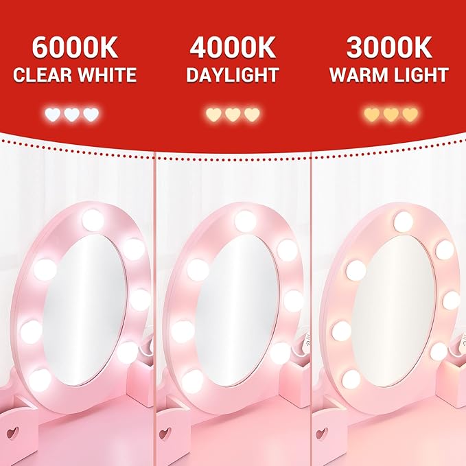 Kids' Vanity Set with Mirror and Light, Makeup Table and Stool for Girls, Vanity Table and Chair Set with Wood Makeup Playset for 4-9 Girls, Pink (Batteries Not Included)