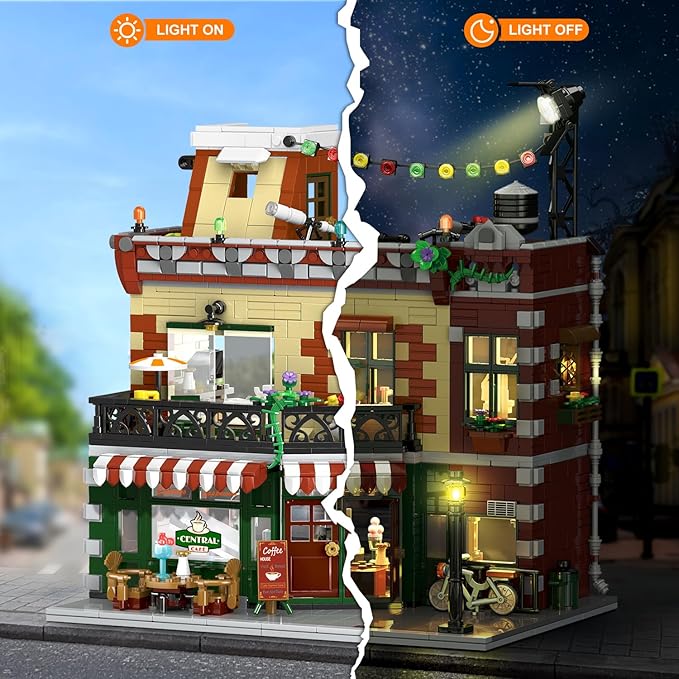 Coffee House Building Set with LED Light, 1589 PCS City Cafe Shop Building Block Toy with Stage Street Lights, Architecture Construction Model for Adults Teens Kids Ages 10 11 12+ Boys Girls