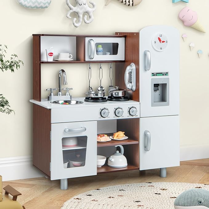 Costzon Kitchen Playset for Kids, Wooden Pretend Cooking Kitchen w/Utensils, Oven, Cabinets, Faucet, Sink & Telephone, Toddlers Play Kitchen Set with Accessories, Gift for Age 3+ (Brown)