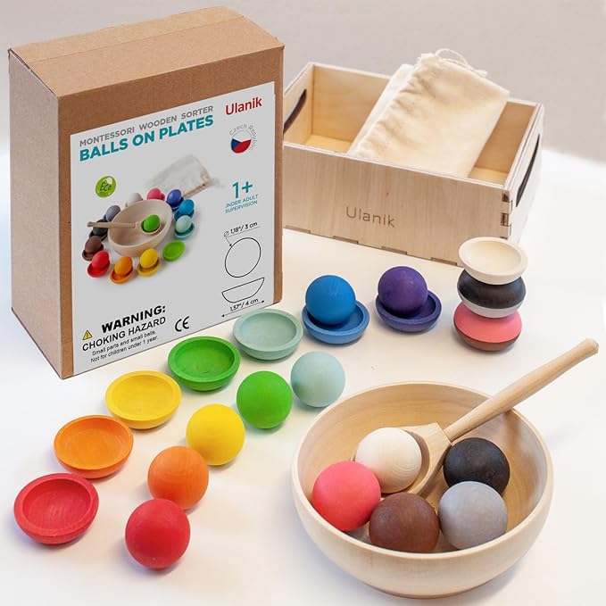 Ulanik Balls on Plates Toddler Montessori Toys for 1+ Year Old Kids Wooden Matching Game for Learning Color Sorting and Counting β 12 Balls, 1.18 in