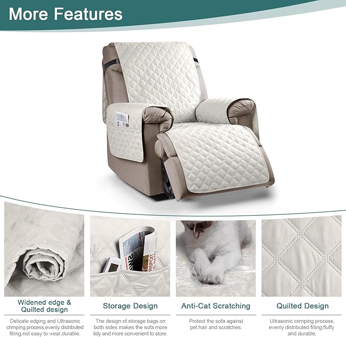 Ruaozz 100% Waterproof Recliner Chair Cover Non-Slip Reclining Cover for Recliner Chair Washable Chair Seat Cover with Elastic Straps for Kids, Dogs, Pets (Beige, 23'')