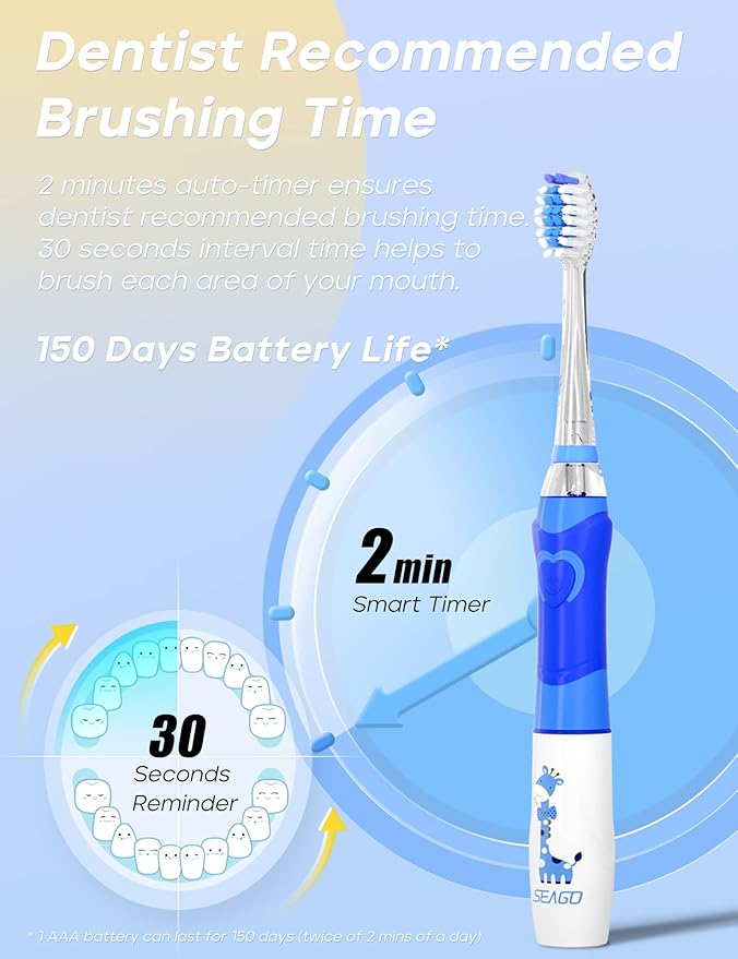 SEAGO Kids Electric Toothbrush with 2 Mins Brushing Timer and 4 Replacement Bursh Heads, Rainbow LED Light Make Brushing Fun, Blue Color Boys Battery Powerd Toothbrush for 4-12 Years Old,SG-977