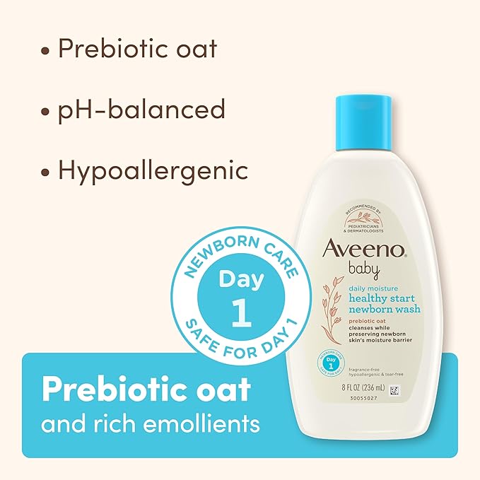 Aveeno Baby Healthy Start Nourishing Newborn Wash, Hypoallergenic Baby Body Wash with Prebiotic Oat Gently Cleanses Delicate Newborn Skin 8 fl.