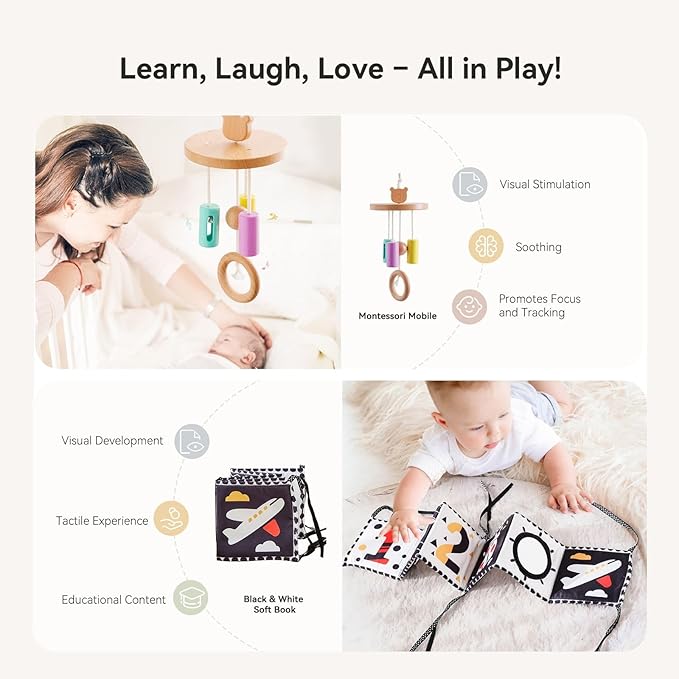 IEATFO Montessori Toys for Babies 0-6 Months, 6-in-1 Newborn Tummy Time Playful Learning Toys with Mobile, Black & White Soft Book, Spinning Rainbow Drum and Rolling Bell, Teether Rattle and More