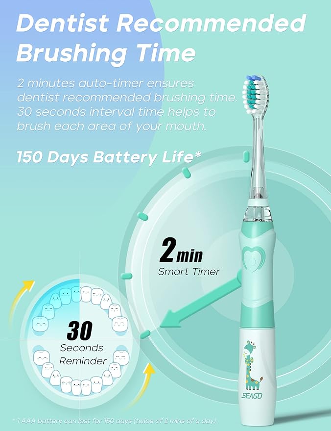 SEAGO Kids Electric Toothbrush with 2 Mins Brushing Timer and 4 Replacement Bursh Heads, Rainbow LED Light Make Brushing Fun, Green Color Boys Battery Powerd Toothbrush for 4-12 Years Old,SG-977