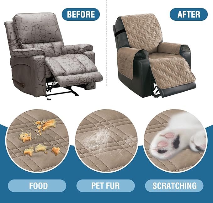 H.VERSAILTEX 100% Waterproof Recliner Cover Electric Power Lift Recliner Chair Covers with Elastic Band Recliner Cover Fitted Standard Large Power Lift Recliner with Storage Pockets,Taupe/Beige