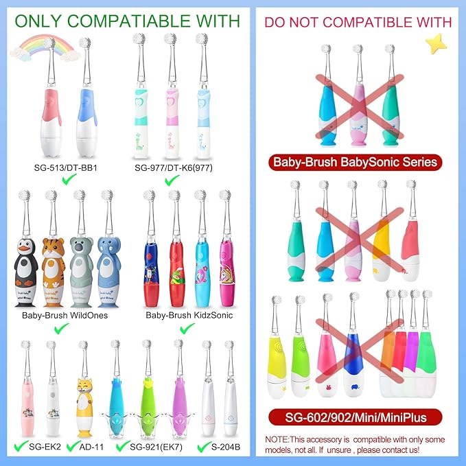 TEETECK 5 Pack Kids Toothbrush Replacement Heads Compatible with SEAGO- 513/977/EK6,Compatible with Brush-Baby WildOnes/KIDZSONIC(Not BabySonic Series),Compatible with Dada-Tech-BB1/977/K6
