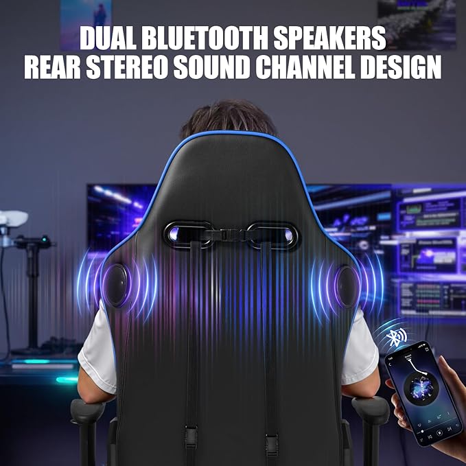GTPLAYER Gaming Chair with Speakers, Music Gaming Recliner Chair for Adults and Kids, Height Adjustable Computer Game Reclining Chair with Footrest by GTRacing (Blue)
